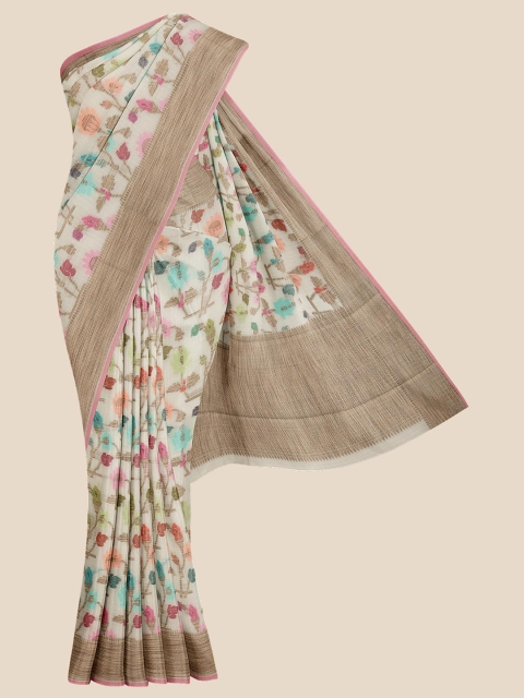 

KLM Fashion Mall Cream & Pink Floral Zari Pure Cotton Saree