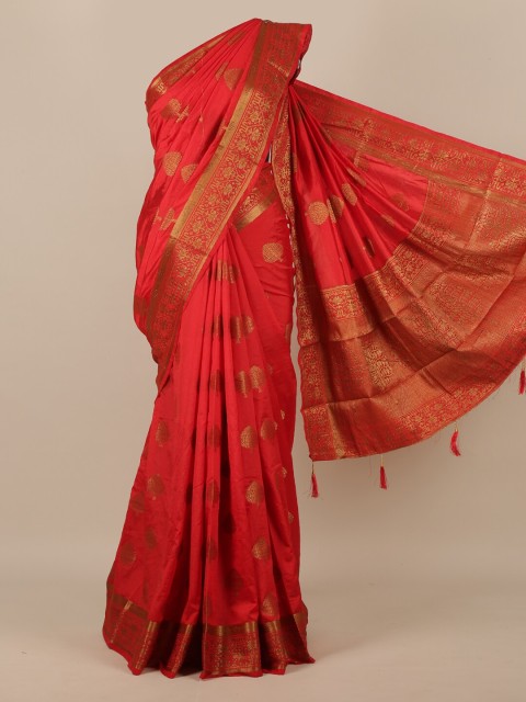 

Pothys Red & Gold-Toned Woven Design Beads and Stones Jute Silk Banarasi Saree