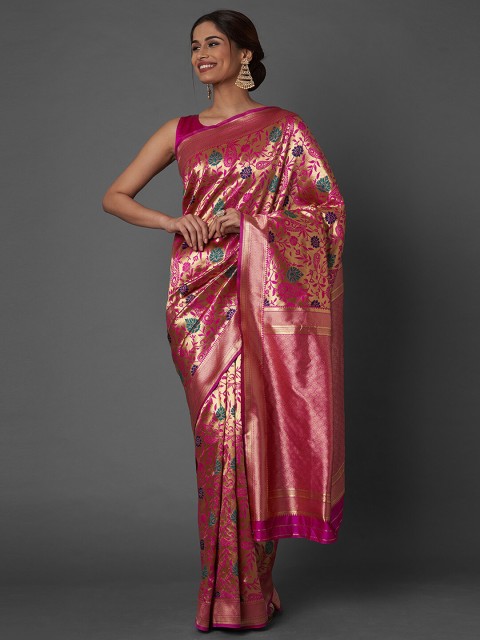 

Saree mall Pink & Green Ethnic Motifs Zari Silk Blend Banarasi Sarees