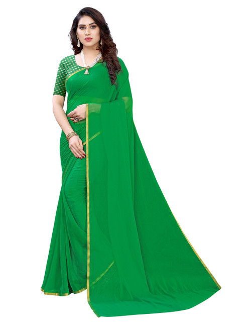

KALINI Green & Gold-Toned Zari Pure Chiffon Saree