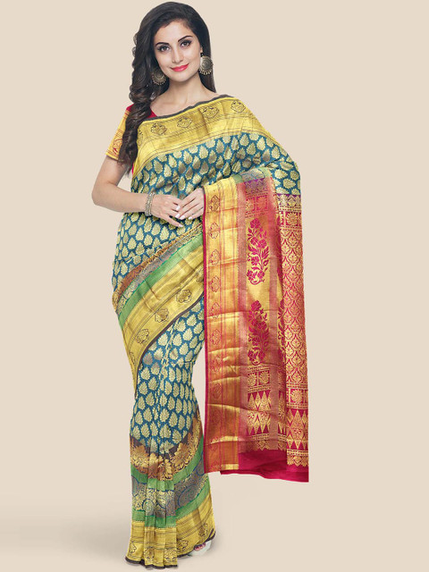 

Kalamandir Blue & Pink Ethnic Motifs Zari Silk Blend Kanjeevaram Saree