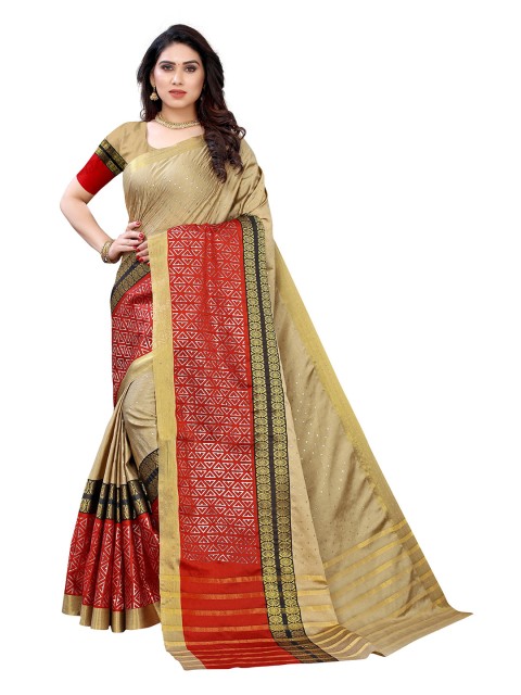 

KALINI Beige & Red Embellished Zari Art Silk Saree