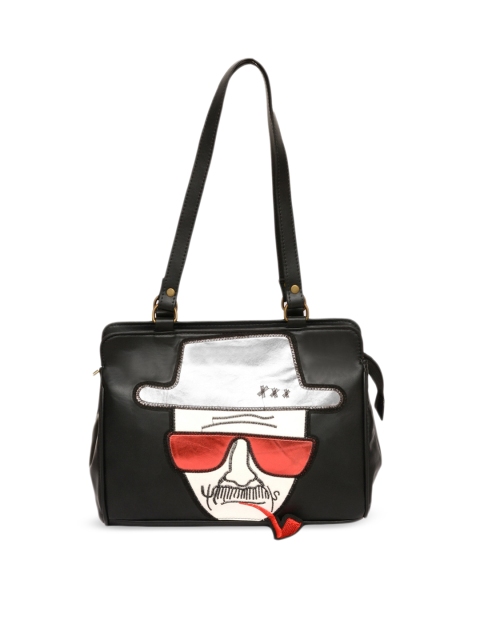 

Pink Potato Black Embellished Applique Leather Structured Shoulder Bag