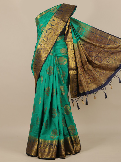 

Pothys Sea Green & Gold-Toned Woven Design Zari Jute Silk Saree With Tasseled Pallu