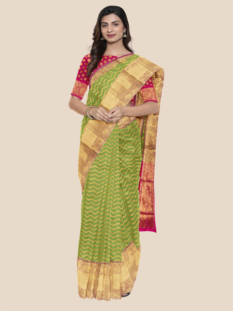 

Kalamandir Green & Gold-Toned Woven Design Silk Blend Banarasi Saree