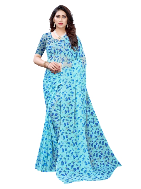 

KALINI Blue & Grey Floral Pure Chiffon Saree