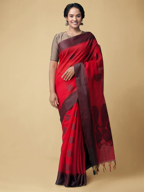 

Unnati Silks Red Woven Design Silk Cotton Handloom Baluchari Saree