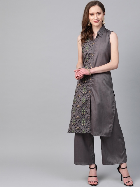 

ZIYAA Women Grey Khadi Print Panelled Kurta Set