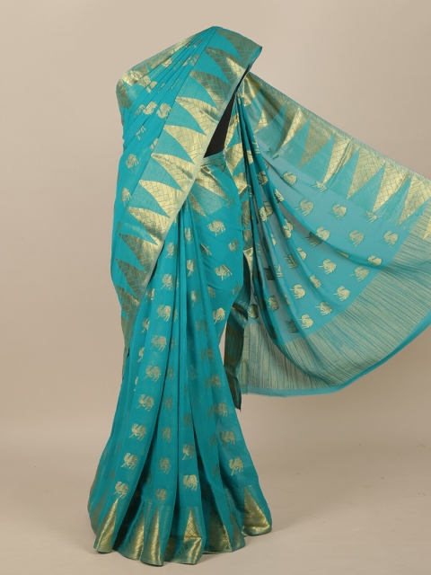 

Pothys Turquoise Blue & Gold-Toned Ethnic Motifs Zari Saree