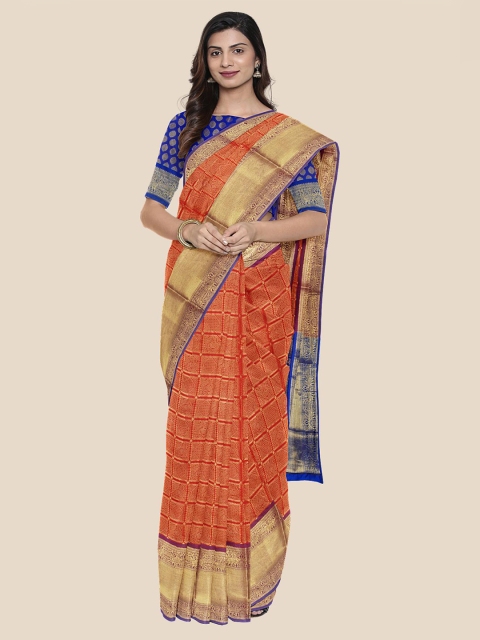 

Kalamandir Red & Blue Checked Zari Silk Blend Banarasi Saree