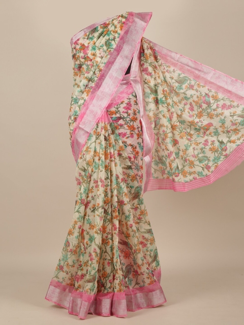 

Pothys Cream & Pink Floral Cotton Blend Saree