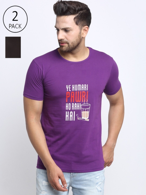 

VIMAL JONNEY Men Pack of 2 Purple & Black Typography Printed T-shirt