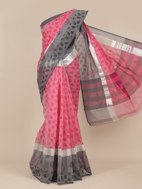

Pothys Pink & Grey Floral Zari Pure Cotton Saree