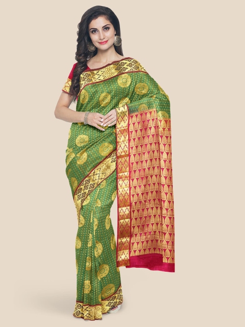 

Kalamandir Green & Gold-Toned Woven Design Zari Silk Blend Kanjeevaram Saree
