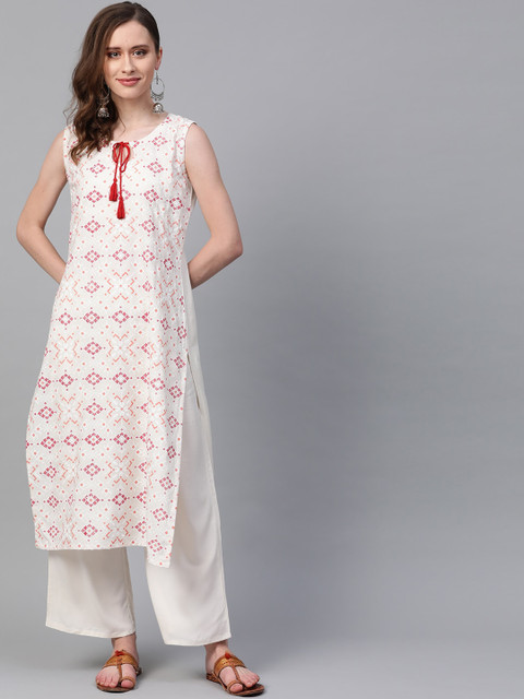 

ZIYAA Women Cream Striped Panelled Kurti with Trousers