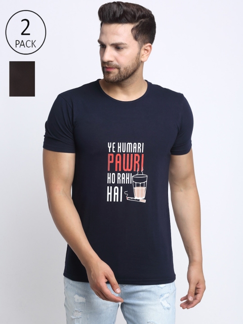 

VIMAL JONNEY Men Navy Blue Typography Printed Applique T shirt Pack of 2