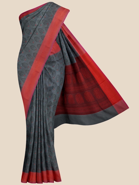 

Kalamandir Grey & Red Ethnic Motifs Silk Blend Banarasi Saree