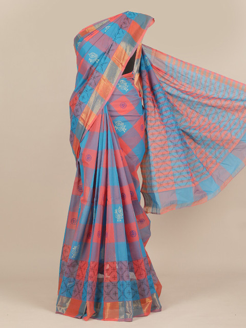 

Pothys Blue & Red Checked Zari Pure Cotton Saree