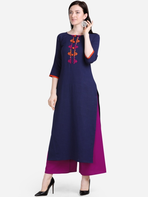 

SAADHVI Women Navy Blue Floral Embroidered Thread Work Kurta with Palazzos