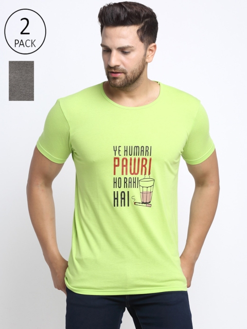 

VIMAL JONNEY Men Pack of 2 Green & Grey Typography Printed T-shirts, Yellow