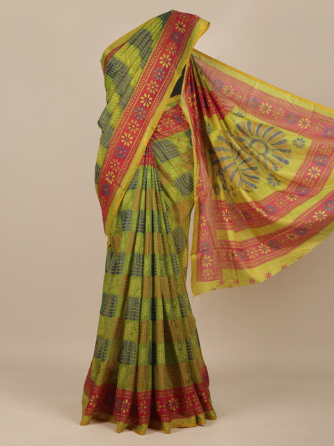 

Pothys Green & Pink Floral Jute Silk Saree