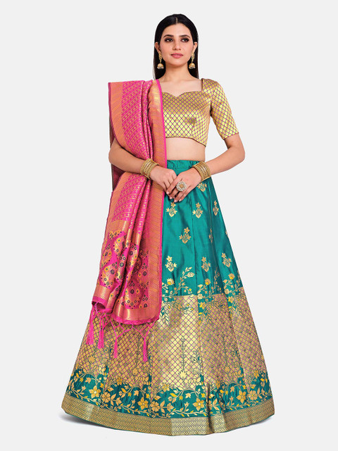 

MIMOSA Women Teal Green & Golden Semi-Stitched Lehenga & Unstitched Blouse With Dupatta