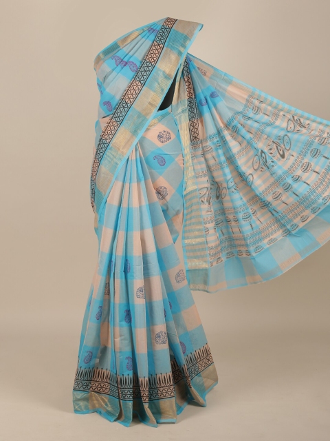 Pothys Blue & Pink Checked Pure Cotton Saree