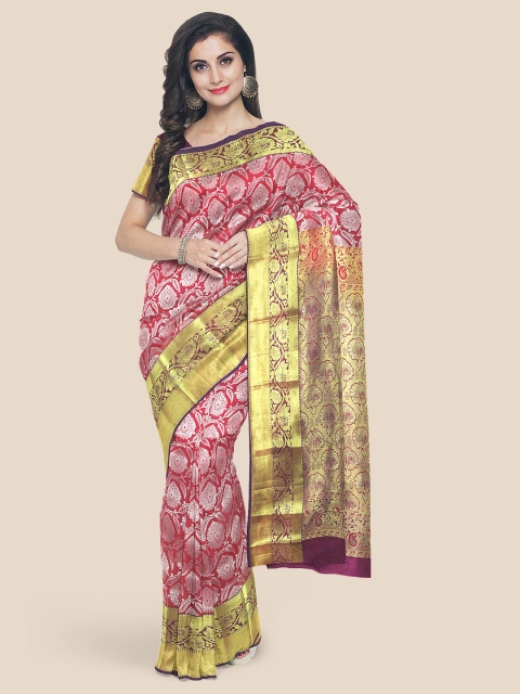 

Kalamandir Pink & Purple Ethnic Motifs Zari Silk Blend Kanjeevaram Saree