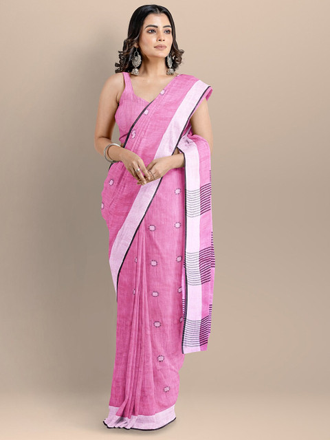 

BharatSthali Pink & Black Woven Design Pure Cotton Saree