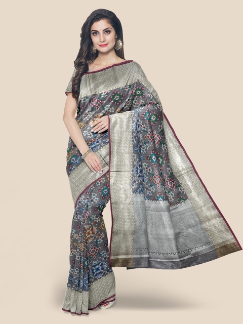 

KLM Fashion Mall Grey & Blue Ethnic Motifs Zari Banarasi Saree