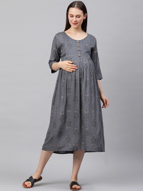

MomToBe Grey Ethnic Motifs A-Line Midi Maternity Dress