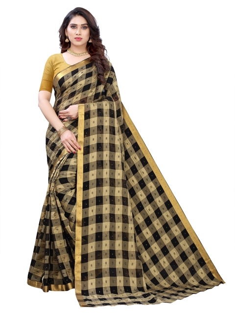 

KALINI Black & Gold-Toned Checked Pure Chiffon Saree