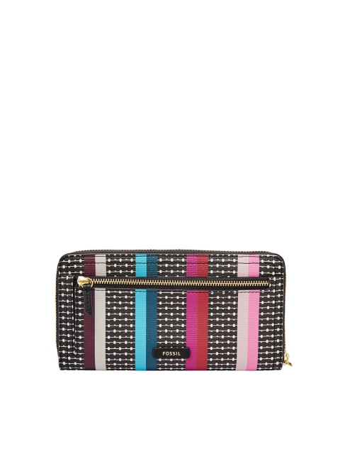

Fossil Women Black & Blue Striped PU Zip Around Wallet