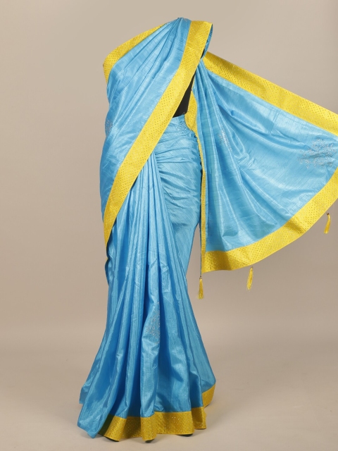

Pothys Blue & Yellow Embellished Beads and Stones Jute Silk Saree