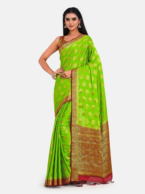 

MIMOSA Lime Green & Maroon Floral Zari Mysore Silk Saree