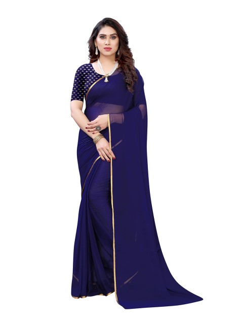 

KALINI Navy Blue & Gold-Toned Pure Chiffon Saree
