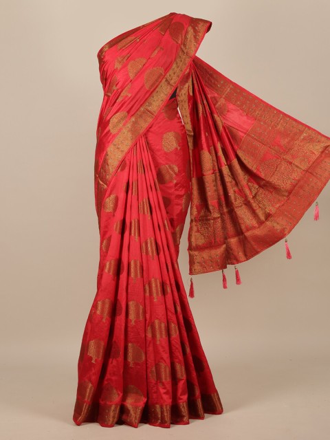 

Pothys Red & Gold-Toned Floral Beads and Stones Jute Silk Saree