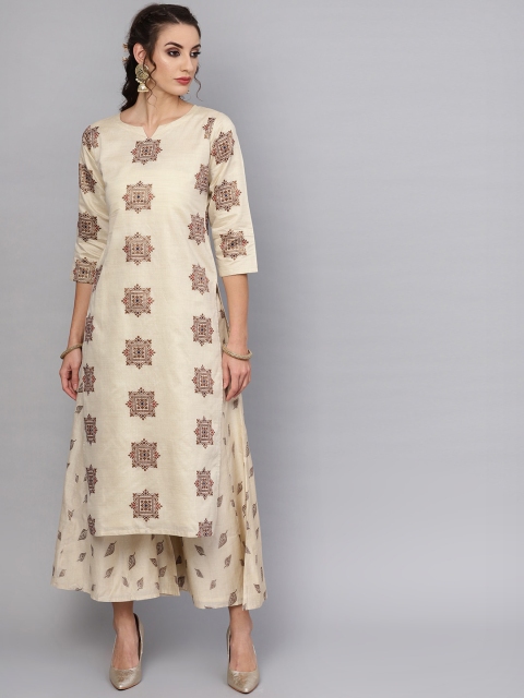 

Libas Women Beige Ethnic Motifs Embroidered Kurta with Palazzos