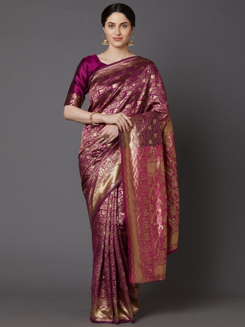 

Saree mall Magenta & Gold-Toned Ethnic Motifs Zari Silk Blend Banarasi Sarees
