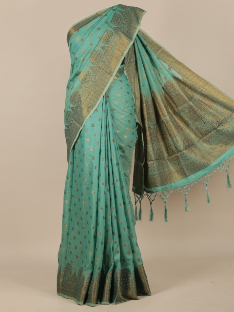

Pothys Green & Gold-Toned Woven Design Jute Silk Saree