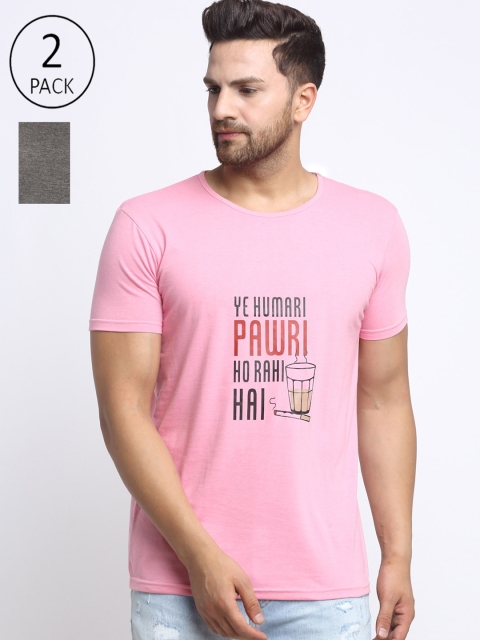 

VIMAL JONNEY Men Pack of 2 Pink & Grey Typography Printed T-shirts