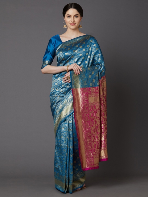 

Saree mall Blue & Pink Woven Design Silk Blend Banarasi Sarees