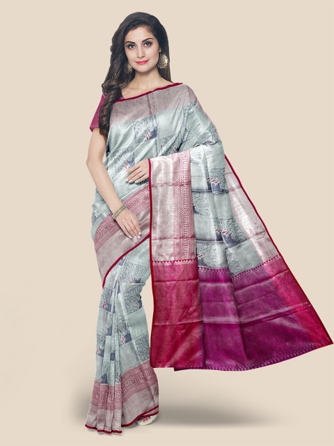 

Kalamandir Navy Blue & Pink Woven Design Zari Silk Blend Banarasi Saree