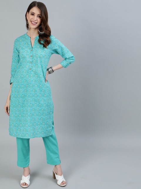 Ishin Women Sea Green Ethnic Motifs Printed Pure Cotton Kurta with Trousers