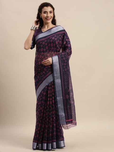 

Kvsfab Navy Blue & Pink Floral Saree