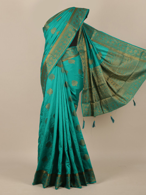 

Pothys Green & Gold-Toned Woven Design Zari Jute Silk Saree