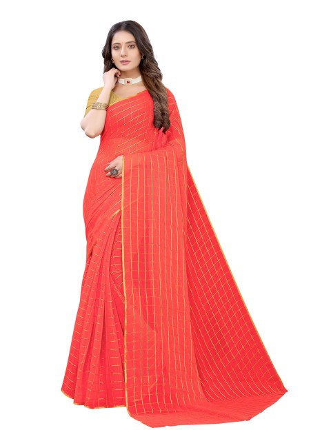 

KALINI Peach & Gold-Toned Checked Pure Chiffon Saree