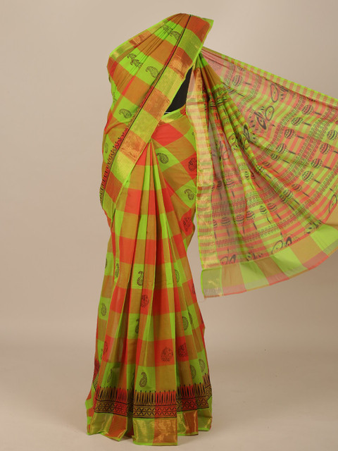 

Pothys Green & Red Checked Pure Cotton Saree