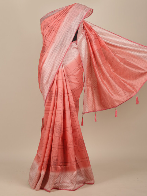 

Pothys Pink & Silver-Toned Cotton Blend Floral Saree