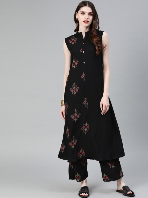 

ZIYAA Women Black Floral Printed Panelled Kurti with Palazzos